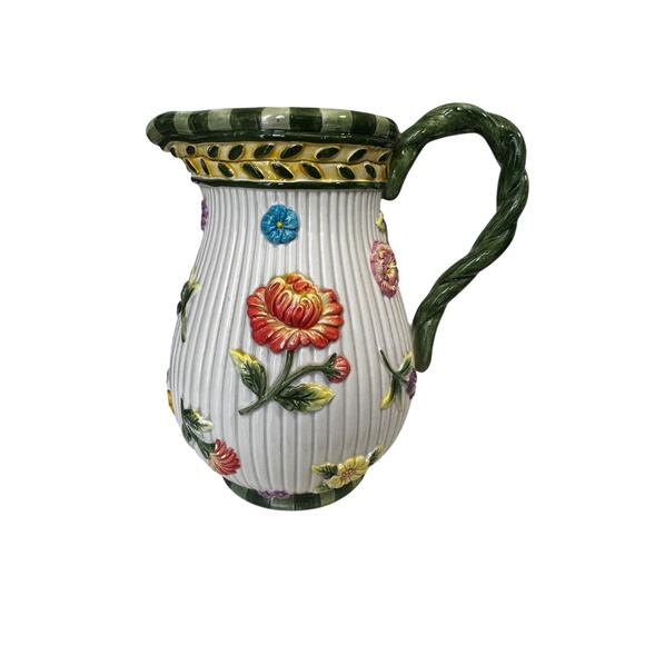 FITZ AND FLOYD Floral Ceramic Pitcher Braided Handle Embossed 3D Flowers As Is - Picture 3 of 9
